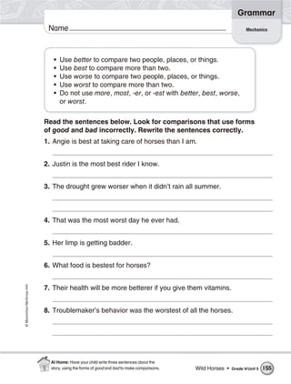 ©Macmillan/McGraw-Hill
Grammar
Name Mechanics
• Use better to compare two people, places, or things.
• Use best to compare more than two.
• Use worse to compare two people, places, or things.
• Use worst to compare more than two.
• Do not use more, most, -er, or -est with better, best, worse,
or worst.
Read the sentences below. Look for comparisons that use forms
of good and bad incorrectly. Rewrite the sentences correctly.
1. Angie is best at taking care of horses than I am.
2. Justin is the most best rider I know.
3. The drought grew worser when it didn’t rain all summer.
4. That was the most worst day he ever had.
5. Her limp is getting badder.
6. What food is bestest for horses?
7. Their health will be more betterer if you give them vitamins.
8. Troublemaker’s behavior was the worstest of all the horses.
Wild Horses • Grade 4/Unit 5 155
At Home: Have your child write three sentences about the
story, using the forms of good and bad to make comparisons.
 
