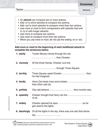©Macmillan/McGraw-Hill
Grammar
Name
• An adverb can compare two or more actions.
• Add -er to short adverbs to compare two actions.
• Add -est to short adverbs to compare more than two actions.
• Use more or most to form comparisons with adverbs that end
in -ly or with longer adverbs.
• Use more to compare two actions.
• Use most to compare more than two actions.
• When you use more or most, do not use the ending -er or -est.
Add more or most to the beginning of each boldfaced adverb to
complete the sentences below.
1. easily Tucker Mouse moves through the city
than Chester.
2. clumsily Of the three friends, Chester runs the
through Times Square.
3. terribly Times Square upset Chester than
he had imagined.
4. kindly Harry Cat treats mice and crickets
than other cats do.
5. politely City cats behave than country cats.
6. speedily Chester thought that Harry ran the
of all.
7. widely Chester opened his eyes as he
got used to the lights.
8. dazzlingly Of all the lights in the sky, there was one star that shone
the .
Mechanics
The Cricket in Times Square
Grade 4/Unit 6
169
At Home: Have your child write three sentences about a trip that
include examples of words that compare with more or most.
 