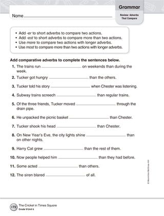 ©Macmillan/McGraw-Hill
Grammar
Name
• Add -er to short adverbs to compare two actions.
• Add -est to short adverbs to compare more than two actions.
• Use more to compare two actions with longer adverbs.
• Use most to compare more than two actions with longer adverbs.
Add comparative adverbs to complete the sentences below.
1. The trains run on weekends than during the
week.
2. Tucker got hungry than the others.
3. Tucker told his story when Chester was listening.
4. Subway trains screech than regular trains.
5. Of the three friends, Tucker moved through the
drain pipe.
6. He unpacked the picnic basket than Chester.
7. Tucker shook his head than Chester.
8. On New Year’s Eve, the city lights shine than
on other nights.
9. Harry Cat grew than the rest of them.
10. Now people helped him than they had before.
11. Some acted than others.
12. The siren blared of all.
Name Review: Adverbs
That Compare
The Cricket in Times Square
Grade 4/Unit 6
172
 