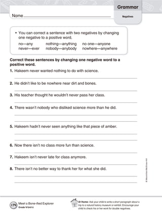 ©Macmillan/McGraw-Hill
Grammar
Name
• You can correct a sentence with two negatives by changing
one negative to a positive word.
no—any nothing—anything no one—anyone
never—ever nobody—anybody nowhere—anywhere
Correct these sentences by changing one negative word to a
positive word.
1. Hakeem never wanted nothing to do with science.
2. He didn’t like to be nowhere near dirt and bones.
3. His teacher thought he wouldn’t never pass her class.
4. There wasn’t nobody who disliked science more than he did.
5. Hakeem hadn’t never seen anything like that piece of amber.
6. Now there isn’t no class more fun than science.
7. Hakeem isn’t never late for class anymore.
8. There isn’t no better way to thank her for what she did.
Negatives
Meet a Bone-iﬁed Explorer
Grade 4/Unit 6
174
At Home: Ask your child to write a short paragraph about a
trip to a natural history museum or exhibit. Encourage your
child to check his or her work for double negatives.
 