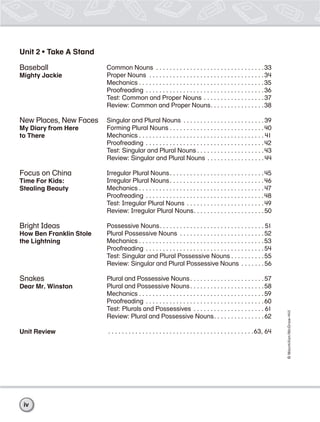 ©Macmillan/McGraw-Hill
Baseball
Mighty Jackie
New Places, New Faces
My Diary from Here
to There
Focus on China
Time For Kids:
Stealing Beauty
Bright Ideas
How Ben Franklin Stole
the Lightning
Snakes
Dear Mr. Winston
Unit Review
Common Nouns . . . . . . . . . . . . . . . . . . . . . . . . . . . . . . . .33
Proper Nouns . . . . . . . . . . . . . . . . . . . . . . . . . . . . . . . . . .34
Mechanics . . . . . . . . . . . . . . . . . . . . . . . . . . . . . . . . . . . . .35
Proofreading . . . . . . . . . . . . . . . . . . . . . . . . . . . . . . . . . . .36
Test: Common and Proper Nouns . . . . . . . . . . . . . . . . . .37
Review: Common and Proper Nouns. . . . . . . . . . . . . . . .38
Singular and Plural Nouns . . . . . . . . . . . . . . . . . . . . . . . .39
Forming Plural Nouns . . . . . . . . . . . . . . . . . . . . . . . . . . . .40
Mechanics . . . . . . . . . . . . . . . . . . . . . . . . . . . . . . . . . . . . . 41
Proofreading . . . . . . . . . . . . . . . . . . . . . . . . . . . . . . . . . . .42
Test: Singular and Plural Nouns . . . . . . . . . . . . . . . . . . . .43
Review: Singular and Plural Nouns . . . . . . . . . . . . . . . . .44
Irregular Plural Nouns. . . . . . . . . . . . . . . . . . . . . . . . . . . .45
Irregular Plural Nouns. . . . . . . . . . . . . . . . . . . . . . . . . . . .46
Mechanics . . . . . . . . . . . . . . . . . . . . . . . . . . . . . . . . . . . . .47
Proofreading . . . . . . . . . . . . . . . . . . . . . . . . . . . . . . . . . . .48
Test: Irregular Plural Nouns . . . . . . . . . . . . . . . . . . . . . . .49
Review: Irregular Plural Nouns. . . . . . . . . . . . . . . . . . . . .50
Possessive Nouns. . . . . . . . . . . . . . . . . . . . . . . . . . . . . . . 51
Plural Possessive Nouns . . . . . . . . . . . . . . . . . . . . . . . . .52
Mechanics . . . . . . . . . . . . . . . . . . . . . . . . . . . . . . . . . . . . .53
Proofreading . . . . . . . . . . . . . . . . . . . . . . . . . . . . . . . . . . .54
Test: Singular and Plural Possessive Nouns . . . . . . . . . .55
Review: Singular and Plural Possessive Nouns . . . . . . .56
Plural and Possessive Nouns. . . . . . . . . . . . . . . . . . . . . .57
Plural and Possessive Nouns. . . . . . . . . . . . . . . . . . . . . .58
Mechanics . . . . . . . . . . . . . . . . . . . . . . . . . . . . . . . . . . . . .59
Proofreading . . . . . . . . . . . . . . . . . . . . . . . . . . . . . . . . . . .60
Test: Plurals and Possessives . . . . . . . . . . . . . . . . . . . . . 61
Review: Plural and Possessive Nouns. . . . . . . . . . . . . . .62
. . . . . . . . . . . . . . . . . . . . . . . . . . . . . . . . . . . . . . . . . . .63, 64
Unit 2 • Take A Stand
iv
 
