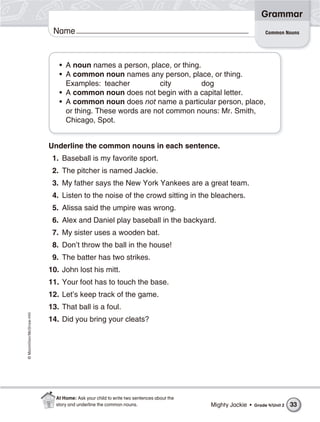 ©Macmillan/McGraw-Hill
Grammar
Name Common Nouns
• A noun names a person, place, or thing.
• A common noun names any person, place, or thing.
Examples: teacher city dog
• A common noun does not begin with a capital letter.
• A common noun does not name a particular person, place,
or thing. These words are not common nouns: Mr. Smith,
Chicago, Spot.
Underline the common nouns in each sentence.
1. Baseball is my favorite sport.
2. The pitcher is named Jackie.
3. My father says the New York Yankees are a great team.
4. Listen to the noise of the crowd sitting in the bleachers.
5. Alissa said the umpire was wrong.
6. Alex and Daniel play baseball in the backyard.
7. My sister uses a wooden bat.
8. Don’t throw the ball in the house!
9. The batter has two strikes.
10. John lost his mitt.
11. Your foot has to touch the base.
12. Let’s keep track of the game.
13. That ball is a foul.
14. Did you bring your cleats?
Mighty Jackie • Grade 4/Unit 2 33
At Home: Ask your child to write two sentences about the
story and underline the common nouns.
 