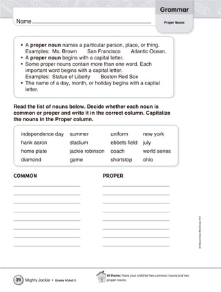 ©Macmillan/McGraw-Hill
Grammar
Name
COMMON PROPER
• A proper noun names a particular person, place, or thing.
Examples: Ms. Brown San Francisco Atlantic Ocean.
• A proper noun begins with a capital letter.
• Some proper nouns contain more than one word. Each
important word begins with a capital letter.
Examples: Statue of Liberty Boston Red Sox
• The name of a day, month, or holiday begins with a capital
letter.
Read the list of nouns below. Decide whether each noun is
common or proper and write it in the correct column. Capitalize
the nouns in the Proper column.
Proper Nouns
independence day summer uniform new york
hank aaron stadium ebbets field july
home plate jackie robinson coach world series
diamond game shortstop ohio
Mighty Jackie • Grade 4/Unit 234
At Home: Have your child list two common nouns and two
proper nouns.
 