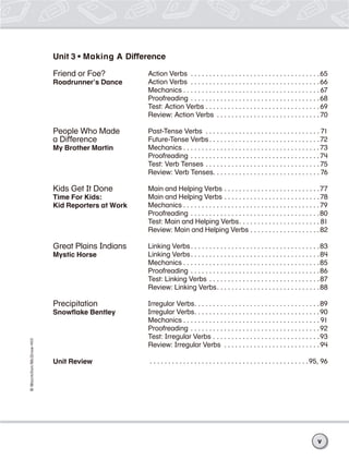 ©Macmillan/McGraw-Hill
Unit 3 • Making A Difference
Friend or Foe?
Roadrunner’s Dance
People Who Made
a Difference
My Brother Martin
Kids Get It Done
Time For Kids:
Kid Reporters at Work
Great Plains Indians
Mystic Horse
Precipitation
Snowﬂake Bentley
Unit Review
Action Verbs . . . . . . . . . . . . . . . . . . . . . . . . . . . . . . . . . . .65
Action Verbs . . . . . . . . . . . . . . . . . . . . . . . . . . . . . . . . . . .66
Mechanics . . . . . . . . . . . . . . . . . . . . . . . . . . . . . . . . . . . . . 67
Proofreading . . . . . . . . . . . . . . . . . . . . . . . . . . . . . . . . . . .68
Test: Action Verbs . . . . . . . . . . . . . . . . . . . . . . . . . . . . . . .69
Review: Action Verbs . . . . . . . . . . . . . . . . . . . . . . . . . . . .70
Past-Tense Verbs . . . . . . . . . . . . . . . . . . . . . . . . . . . . . . . 71
Future-Tense Verbs. . . . . . . . . . . . . . . . . . . . . . . . . . . . . .72
Mechanics . . . . . . . . . . . . . . . . . . . . . . . . . . . . . . . . . . . . .73
Proofreading . . . . . . . . . . . . . . . . . . . . . . . . . . . . . . . . . . .74
Test: Verb Tenses . . . . . . . . . . . . . . . . . . . . . . . . . . . . . . .75
Review: Verb Tenses. . . . . . . . . . . . . . . . . . . . . . . . . . . . . 76
Main and Helping Verbs . . . . . . . . . . . . . . . . . . . . . . . . . .77
Main and Helping Verbs . . . . . . . . . . . . . . . . . . . . . . . . . .78
Mechanics . . . . . . . . . . . . . . . . . . . . . . . . . . . . . . . . . . . . .79
Proofreading . . . . . . . . . . . . . . . . . . . . . . . . . . . . . . . . . . .80
Test: Main and Helping Verbs. . . . . . . . . . . . . . . . . . . . . . 81
Review: Main and Helping Verbs . . . . . . . . . . . . . . . . . . .82
Linking Verbs. . . . . . . . . . . . . . . . . . . . . . . . . . . . . . . . . . .83
Linking Verbs. . . . . . . . . . . . . . . . . . . . . . . . . . . . . . . . . . .84
Mechanics . . . . . . . . . . . . . . . . . . . . . . . . . . . . . . . . . . . . .85
Proofreading . . . . . . . . . . . . . . . . . . . . . . . . . . . . . . . . . . .86
Test: Linking Verbs . . . . . . . . . . . . . . . . . . . . . . . . . . . . . .87
Review: Linking Verbs. . . . . . . . . . . . . . . . . . . . . . . . . . . .88
Irregular Verbs. . . . . . . . . . . . . . . . . . . . . . . . . . . . . . . . . .89
Irregular Verbs. . . . . . . . . . . . . . . . . . . . . . . . . . . . . . . . . .90
Mechanics . . . . . . . . . . . . . . . . . . . . . . . . . . . . . . . . . . . . . 91
Proofreading . . . . . . . . . . . . . . . . . . . . . . . . . . . . . . . . . . .92
Test: Irregular Verbs . . . . . . . . . . . . . . . . . . . . . . . . . . . . .93
Review: Irregular Verbs . . . . . . . . . . . . . . . . . . . . . . . . . .94
. . . . . . . . . . . . . . . . . . . . . . . . . . . . . . . . . . . . . . . . . . .95, 96
v
 