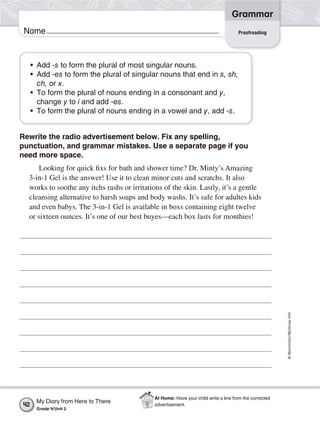 ©Macmillan/McGraw-Hill
Grammar
Name Proofreading
• Add -s to form the plural of most singular nouns.
• Add -es to form the plural of singular nouns that end in s, sh,
ch, or x.
• To form the plural of nouns ending in a consonant and y,
change y to i and add -es.
• To form the plural of nouns ending in a vowel and y, add -s.
Rewrite the radio advertisement below. Fix any spelling,
punctuation, and grammar mistakes. Use a separate page if you
need more space.
Looking for quick fixs for bath and shower time? Dr. Minty’s Amazing
3-in-1 Gel is the answer! Use it to clean minor cuts and scratchs. It also
works to soothe any itchs rashs or irritations of the skin. Lastly, it’s a gentle
cleansing alternative to harsh soaps and body washs. It’s safe for adultes kids
and even babys. The 3-in-1 Gel is available in boxs containing eight twelve
or sixteen ounces. It’s one of our best buyes—each box lasts for monthies!
My Diary from Here to There
Grade 4/Unit 2
42
At Home: Have your child write a line from the corrected
advertisement.
 