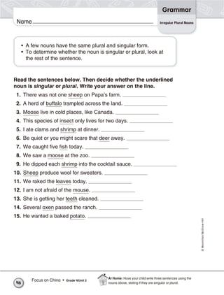 ©Macmillan/McGraw-Hill
Grammar
Name Irregular Plural Nouns
• A few nouns have the same plural and singular form.
• To determine whether the noun is singular or plural, look at
the rest of the sentence.
Read the sentences below. Then decide whether the underlined
noun is singular or plural. Write your answer on the line.
1. There was not one sheep on Papa’s farm.
2. A herd of buffalo trampled across the land.
3. Moose live in cold places, like Canada.
4. This species of insect only lives for two days.
5. I ate clams and shrimp at dinner.
6. Be quiet or you might scare that deer away.
7. We caught five fish today.
8. We saw a moose at the zoo.
9. He dipped each shrimp into the cocktail sauce.
10. Sheep produce wool for sweaters.
11. We raked the leaves today.
12. I am not afraid of the mouse.
13. She is getting her teeth cleaned.
14. Several oxen passed the ranch.
15. He wanted a baked potato.
46
Focus on China • Grade 4/Unit 2
At Home: Have your child write three sentences using the
nouns above, stating if they are singular or plural.
 