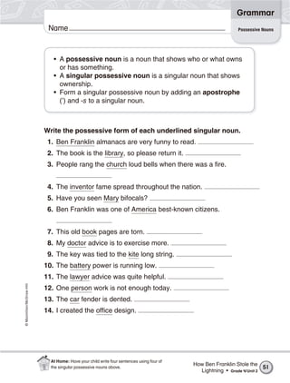 ©Macmillan/McGraw-Hill
Grammar
Name Possessive Nouns
• A possessive noun is a noun that shows who or what owns
or has something.
• A singular possessive noun is a singular noun that shows
ownership.
• Form a singular possessive noun by adding an apostrophe
(’) and -s to a singular noun.
Write the possessive form of each underlined singular noun.
1. Ben Franklin almanacs are very funny to read.
2. The book is the library, so please return it.
3. People rang the church loud bells when there was a fire.
4. The inventor fame spread throughout the nation.
5. Have you seen Mary bifocals?
6. Ben Franklin was one of America best-known citizens.
7. This old book pages are torn.
8. My doctor advice is to exercise more.
9. The key was tied to the kite long string.
10. The battery power is running low.
11. The lawyer advice was quite helpful.
12. One person work is not enough today.
13. The car fender is dented.
14. I created the office design.
51
At Home: Have your child write four sentences using four of
the singular possessive nouns above.
How Ben Franklin Stole the
Lightning • Grade 4/Unit 2
 