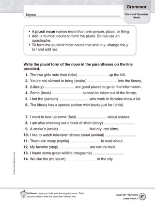 ©Macmillan/McGraw-Hill
Grammar
Name Plural and Possessive
Nouns
• A plural noun names more than one person, place, or thing.
• Add -s to most nouns to form the plural. Do not use an
apostrophe.
• To form the plural of most nouns that end in y, change the y
to i and add -es.
Write the plural form of the noun in the parentheses on the line
provided.
1. The two girls rode their (bike) up the hill.
2. You’re not allowed to bring (snake) into the library.
3. (Library) are good places to go to find information.
4. Some (book) cannot be taken out of the library.
5. I bet the (person) who work in libraries know a lot.
6. The library has a special section with books just for (child)
.
7. I want to look up some (fact) about snakes.
8. I am also checking out a book of short (story) .
9. A snake’s (scale) feel dry, not slimy.
10. I like to watch television shows about (animal) .
11. There are many (reptile) to read about.
12. My favorite (stop) are nature trails.
13. I found some great wildlife (magazine) .
14. We like the (museum) in the city.
Dear Mr. Winston
Grade 4/Unit 2
57
At Home: Have your child write ﬁve singular nouns. Then
ask your child to write the plural form of each one.
 