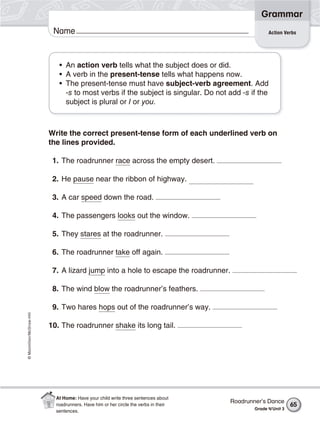 ©Macmillan/McGraw-Hill
Grammar
Name Action Verbs
• An action verb tells what the subject does or did.
• A verb in the present-tense tells what happens now.
• The present-tense must have subject-verb agreement. Add
-s to most verbs if the subject is singular. Do not add -s if the
subject is plural or I or you.
Write the correct present-tense form of each underlined verb on
the lines provided.
1. The roadrunner race across the empty desert.
2. He pause near the ribbon of highway.
3. A car speed down the road.
4. The passengers looks out the window.
5. They stares at the roadrunner.
6. The roadrunner take off again.
7. A lizard jump into a hole to escape the roadrunner.
8. The wind blow the roadrunner’s feathers.
9. Two hares hops out of the roadrunner’s way.
10. The roadrunner shake its long tail.
Roadrunner’s Dance
Grade 4/Unit 3
65
At Home: Have your child write three sentences about
roadrunners. Have him or her circle the verbs in their
sentences.
 