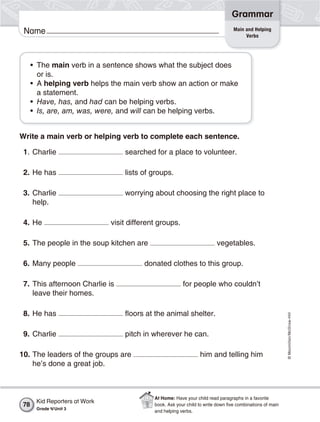 ©Macmillan/McGraw-Hill
Grammar
Name Main and Helping
Verbs
• The main verb in a sentence shows what the subject does
or is.
• A helping verb helps the main verb show an action or make
a statement.
• Have, has, and had can be helping verbs.
• Is, are, am, was, were, and will can be helping verbs.
Write a main verb or helping verb to complete each sentence.
1. Charlie searched for a place to volunteer.
2. He has lists of groups.
3. Charlie worrying about choosing the right place to
help.
4. He visit different groups.
5. The people in the soup kitchen are vegetables.
6. Many people donated clothes to this group.
7. This afternoon Charlie is for people who couldn’t
leave their homes.
8. He has floors at the animal shelter.
9. Charlie pitch in wherever he can.
10. The leaders of the groups are him and telling him
he’s done a great job.
Kid Reporters at Work
Grade 4/Unit 3
78
At Home: Have your child read paragraphs in a favorite
book. Ask your child to write down five combinations of main
and helping verbs.
 