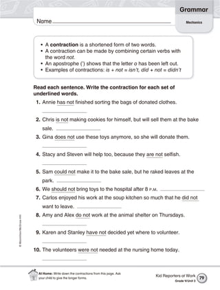 ©Macmillan/McGraw-Hill
Grammar
Name Mechanics
• A contraction is a shortened form of two words.
• A contraction can be made by combining certain verbs with
the word not.
• An apostrophe (’) shows that the letter o has been left out.
• Examples of contractions: is + not = isn’t, did + not = didn’t
Read each sentence. Write the contraction for each set of
underlined words.
1. Annie has not finished sorting the bags of donated clothes.
2. Chris is not making cookies for himself, but will sell them at the bake
sale.
3. Gina does not use these toys anymore, so she will donate them.
4. Stacy and Steven will help too, because they are not selfish.
5. Sam could not make it to the bake sale, but he raked leaves at the
park.
6. We should not bring toys to the hospital after 8 P.M.
7. Carlos enjoyed his work at the soup kitchen so much that he did not
want to leave.
8. Amy and Alex do not work at the animal shelter on Thursdays.
9. Karen and Stanley have not decided yet where to volunteer.
10. The volunteers were not needed at the nursing home today.
Kid Reporters at Work
Grade 4/Unit 3
79
At Home: Write down the contractions from this page. Ask
your child to give the longer forms.
 