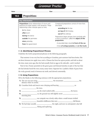 Writer’s Choice: Grammar Practice Workbook, Grade 9, Unit 10 7
Name ...................................................................................... Class .................................................. Date ................................
s A. Identifying Prepositional Phrases
Underline the twelve prepositional phrases in the following paragraphs.
That summer it was very hot, but according to Grandma, past summers had been hotter. She
sat down between two apple trees, took a Chinese fan from her apron pocket, and told us about
the time, many years ago, that she had actually fried an egg on the sidewalk—and it worked.
Next to her, Franny sprawled on the green grass and listened intently, in spite of the fact that
she had already heard the story many, many times. Opposite her, I pulled a blade of grass from
the rocky ground, stuck it between my teeth, and chewed contentedly.
s B. Using Prepositions
Fill in the blanks in the following sentences with the appropriate prepositions.
1. The sun was just rising __________________ the mountains __________________ the
distance when we awoke.
2. Countless birds and insects were chirping and buzzing __________________ us
_________________ the trees.
3. __________________ us, the wind rustled softly __________________ the leaves.
4. __________________ us, the ground was still slightly moist __________________
morning dew.
5. __________________ our campsite was a lovely valley where a small stream trickled
__________________ beautiful wildflowers that were __________________ full bloom.
6. We had slept soundly __________________ the night, and now we anticipated a day full
__________________ hiking and exploring.
Grammar Practice
10.6 Prepositions
Copyright©TheMcGraw-HillCompanies,Inc.
Prepositions show relationships of nouns and
pronouns to other words in the sentence. These
relationships often indicate space or time.
in the closet
after lunch
during the dance
outside the perimeter
since yesterday
from the government
Compound prepositions consist of more than
one word.
according to the law
on top of Old Smokey
out of the ordinary
Prepositions begin phrases that conclude with
a noun or pronoun, called the object of the
preposition.
A wounded deer stood in front of the car.
A box of antique jewelry sat on the trunk.
Key Information
above, over, between in
above, about, around
in
Around, Above
Below, Beneath
Below, Beyond
among, through
of
through, during
in
with, from
among, through
Possible answers are given.
 