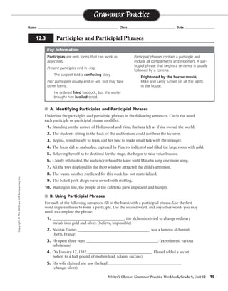 Writer’s Choice: Grammar Practice Workbook, Grade 9, Unit 12 15
Name ...................................................................................... Class .................................................. Date ................................
s A. Identifying Participles and Participial Phrases
Underline the participles and participial phrases in the following sentences. Circle the word
each participle or participial phrase modifies.
1. Standing on the corner of Hollywood and Vine, Barbara felt as if she owned the world.
2. The students sitting in the back of the auditorium could not hear the lecturer.
3. Regina, bored nearly to tears, did her best to make small talk with the stranger.
4. The Incas did as Atahualpa, captured by Pizarro, indicated and filled the large room with gold.
5. Believing herself to be destined for the stage, she began to take voice lessons.
6. Clearly infatuated, the audience refused to leave until Makeba sang one more song.
7. All the toys displayed in the shop window attracted the child’s attention.
8. The warm weather predicted for this week has not materialized.
9. The baked pork chops were served with stuffing.
10. Waiting in line, the people at the cafeteria grew impatient and hungry.
s B. Using Participial Phrases
For each of the following sentences, fill in the blank with a participial phrase. Use the first
word in parentheses to form a participle. Use the second word, and any other words you may
need, to complete the phrase.
1. ___________________________________, the alchemists tried to change ordinary
metals into gold and silver. (believe, impossible)
2. Nicolas Flamel, ___________________________________, was a famous alchemist.
(born, France)
3. He spent three years ___________________________________. (experiment, various
substances)
4. On January 17, 1382, _______________________________, Flamel added a secret
potion to a half pound of molten lead. (claim, success)
5. His wife claimed she saw the lead ___________________________________.
(change, silver)
Grammar Practice
12.3 Participles and Participial Phrases
Copyright©TheMcGraw-HillCompanies,Inc.
Participles are verb forms that can work as
adjectives.
Present participles end in -ing.
The suspect told a confusing story.
Past participles usually end in -ed, but may take
other forms.
He ordered fried haddock, but the waiter
brought him broiled scrod.
Participial phrases contain a participle and
include all complements and modifiers. A par-
ticipial phrase that begins a sentence is usually
followed by a comma.
Frightened by the horror movie,
Mike and Leroy turned on all the lights
in the house.
Key Information
Possible answers are given.
Believing in the impossible
born in France
experimenting with various substances
claiming success
changing to silver
 