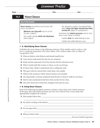 S
Writer’s Choice: Grammar Practice Workbook, Grade 9, Unit 13 21
Name ...................................................................................... Class .................................................. Date ................................
s A. Identifying Noun Clauses
Underline the noun clauses in the following sentences. Write whether each is used as a sub-
ject (S), predicate nominative (PN), direct object (DO), indirect object (IO), or object of
a preposition (OP).
1. Whoever believes what Roberta said should stand by her.
2. I just cannot understand why they do not cooperate.
3. Emily said she impressed a lot of her friends with her adventure story.
4. What I would really like to know is whose car she was driving.
5. If I knew that, I think I could decide who is telling the truth.
6. They gave whoever entered their candy shop a free sample.
7. Which of the nominees will be chosen remains to be decided.
8. Our dog Poodle, a German shepherd, barks fiercely at whoever walks by our house.
9. Marti’s only consideration had been what was best for her sister.
10. This chart shows how trends have changed in the past ten years.
s B. Using Noun Clauses
Each of the following incomplete sentences contains a main clause and a relative pronoun.
In the space after each relative pronoun, use your own words to form a noun clause that
appropriately completes the sentence.
1. Most people believe that __________________________________________________________
_________________________________________________________________________________
2. He said he would go with whoever __________________________________________________
_________________________________________________________________________________
3. No one agrees that_______________________________________________________________
_________________________________________________________________________________
4. Whoever believes that ____________________________________________________________
______________________________________________________ has never had the experience.
Grammar Practice
13.7 Noun Clauses
Copyright©TheMcGraw-HillCompanies,Inc.
Noun clauses can perform any function that
nouns can perform.
Whoever can sing well may try out for
the part. [subject]
She couldn’t decide which she liked best.
[direct object]
The argument caused a misunderstanding
about when the lights should have been
turned off. [object of a preposition]
Sometimes the relative pronoun used to intro-
duce a noun clause is omitted.
I believe that the wallet belongs to you.
I believe the wallet belongs to you.
Key Information
DO
DO
DO
S PN
DODO
IO
S
OP
PN
DO
Sentences will vary.
 