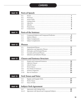 Parts of Speech
10.1 Nouns . . . . . . . . . . . . . . . . . . . . . . . . . . . . . . . . . . . . . . . . . . . . . . . . . . . . . . . 1
10.2 Pronouns . . . . . . . . . . . . . . . . . . . . . . . . . . . . . . . . . . . . . . . . . . . . . . . . . . . . . 2
10.3 Action Verbs. . . . . . . . . . . . . . . . . . . . . . . . . . . . . . . . . . . . . . . . . . . . . . . . . . . 3
10.3 Linking Verbs. . . . . . . . . . . . . . . . . . . . . . . . . . . . . . . . . . . . . . . . . . . . . . . . . . 4
10.4 Adjectives. . . . . . . . . . . . . . . . . . . . . . . . . . . . . . . . . . . . . . . . . . . . . . . . . . . . . 5
10.5 Adverbs . . . . . . . . . . . . . . . . . . . . . . . . . . . . . . . . . . . . . . . . . . . . . . . . . . . . . . 6
10.6 Prepositions. . . . . . . . . . . . . . . . . . . . . . . . . . . . . . . . . . . . . . . . . . . . . . . . . . . 7
10.7 Conjunctions . . . . . . . . . . . . . . . . . . . . . . . . . . . . . . . . . . . . . . . . . . . . . . . . . . 8
Parts of the Sentence
11.3 Compound Subjects and Compound Predicates . . . . . . . . . . . . . . . . . . . . . . 9
11.5 Indirect Objects. . . . . . . . . . . . . . . . . . . . . . . . . . . . . . . . . . . . . . . . . . . . . . . 10
11.5 Object Complements . . . . . . . . . . . . . . . . . . . . . . . . . . . . . . . . . . . . . . . . . . 11
11.5 Subject Complements . . . . . . . . . . . . . . . . . . . . . . . . . . . . . . . . . . . . . . . . . . 12
Phrases
12.1 Prepositional Phrases . . . . . . . . . . . . . . . . . . . . . . . . . . . . . . . . . . . . . . . . . . 13
12.2 Appositives and Appositive Phrases . . . . . . . . . . . . . . . . . . . . . . . . . . . . . . . 14
12.3 Participles and Participial Phrases . . . . . . . . . . . . . . . . . . . . . . . . . . . . . . . . 15
12.3 Gerunds and Gerund Phrases. . . . . . . . . . . . . . . . . . . . . . . . . . . . . . . . . . . . 16
12.3 Infinitives and Infinitive Phrases . . . . . . . . . . . . . . . . . . . . . . . . . . . . . . . . . 17
Clauses and Sentence Structure
13.3 Simple and Compound Sentences . . . . . . . . . . . . . . . . . . . . . . . . . . . . . . . . 18
13.5 Adjective Clauses. . . . . . . . . . . . . . . . . . . . . . . . . . . . . . . . . . . . . . . . . . . . . . 19
13.6 Adverb Clauses . . . . . . . . . . . . . . . . . . . . . . . . . . . . . . . . . . . . . . . . . . . . . . . 20
13.7 Noun Clauses . . . . . . . . . . . . . . . . . . . . . . . . . . . . . . . . . . . . . . . . . . . . . . . . 21
13.8 Four Kinds of Sentences . . . . . . . . . . . . . . . . . . . . . . . . . . . . . . . . . . . . . . . . 22
13.9 Sentence Fragments. . . . . . . . . . . . . . . . . . . . . . . . . . . . . . . . . . . . . . . . . . . . 23
13.10 Run-on Sentences . . . . . . . . . . . . . . . . . . . . . . . . . . . . . . . . . . . . . . . . . . . . . 24
Verb Tenses and Voice
15.2 Regular and Irregular Verbs . . . . . . . . . . . . . . . . . . . . . . . . . . . . . . . . . . . . . 25
15.4 Perfect Tenses . . . . . . . . . . . . . . . . . . . . . . . . . . . . . . . . . . . . . . . . . . . . . . . . 26
15.7 Voice of Verbs . . . . . . . . . . . . . . . . . . . . . . . . . . . . . . . . . . . . . . . . . . . . . . . . 27
Subject-Verb Agreement
16.2 Agreement with Linking Verbs . . . . . . . . . . . . . . . . . . . . . . . . . . . . . . . . . . . 28
16.4–5 Agreement with Special and Compound Subjects . . . . . . . . . . . . . . . . . . . . 29
Unit 16
Unit 15
Unit 13
Unit 12
Unit 11
Unit 10
iii
Contents
 