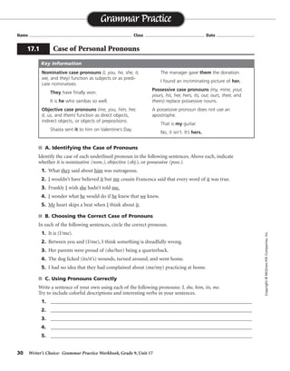 30 Writer’s Choice: Grammar Practice Workbook, Grade 9, Unit 17
s A. Identifying the Case of Pronouns
Identify the case of each underlined pronoun in the following sentences. Above each, indicate
whether it is nominative (nom.), objective (obj.), or possessive (poss.).
1. What they said about him was outrageous.
2. I wouldn’t have believed it but my cousin Francesca said that every word of it was true.
3. Frankly I wish she hadn’t told me.
4. I wonder what he would do if he knew that we knew.
5. My heart skips a beat when I think about it.
s B. Choosing the Correct Case of Pronouns
In each of the following sentences, circle the correct pronoun.
1. It is (I/me).
2. Between you and (I/me), I think something is dreadfully wrong.
3. Her parents were proud of (she/her) being a quarterback.
4. The dog licked (its/it’s) wounds, turned around, and went home.
5. I had no idea that they had complained about (me/my) practicing at home.
s C. Using Pronouns Correctly
Write a sentence of your own using each of the following pronouns: I, she, him, its, me.
Try to include colorful descriptions and interesting verbs in your sentences.
1. _________________________________________________________________________________
2. _________________________________________________________________________________
3. _________________________________________________________________________________
4. _________________________________________________________________________________
5. _________________________________________________________________________________
Name ...................................................................................... Class .................................................. Date ................................
Grammar Practice
17.1 Case of Personal Pronouns
Copyright©McGraw-HillCompanies,Inc.
Nominative case pronouns (I, you, he, she, it,
we, and they) function as subjects or as predi-
cate nominatives.
They have finally won.
It is he who sambas so well.
Objective case pronouns (me, you, him, her,
it, us, and them) function as direct objects,
indirect objects, or objects of prepositions.
Shasta sent it to him on Valentine’s Day.
The manager gave them the donation.
I found an incriminating picture of her.
Possessive case pronouns (my, mine, your,
yours, his, her, hers, its, our, ours, their, and
theirs) replace possessive nouns.
A possessive pronoun does not use an
apostrophe.
That is my guitar.
No, it isn’t. It’s hers.
Key Information
Sentences will vary.
nom. obj.
obj. obj.poss.
obj.nom.nom.
nom. nom. nom. nom.
nom. obj.poss.
 