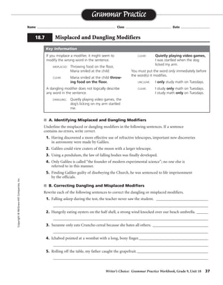 Writer’s Choice: Grammar Practice Workbook, Grade 9, Unit 18 37
Name ...................................................................................... Class .................................................. Date ................................
s A. Identifying Misplaced and Dangling Modifiers
Underline the misplaced or dangling modifiers in the following sentences. If a sentence
contains no errors, write correct.
1. Having discovered a more effective use of refractive telescopes, important new discoveries
in astronomy were made by Galileo.
2. Galileo could view craters of the moon with a larger telescope.
3. Using a pendulum, the law of falling bodies was finally developed.
4. Only Galileo is called “the founder of modern experimental science”; no one else is
referred to in this manner.
5. Finding Galileo guilty of disobeying the Church, he was sentenced to life imprisonment
by the officials.
s B. Correcting Dangling and Misplaced Modifiers
Rewrite each of the following sentences to correct the dangling or misplaced modifiers.
1. Falling asleep during the test, the teacher never saw the student. ___________________________
_________________________________________________________________________________
2. Hungrily eating oysters on the half shell, a strong wind knocked over our beach umbrella. ______
_________________________________________________________________________________
3. Suzanne only eats Cruncho cereal because she hates all others. _____________________________
_________________________________________________________________________________
4. Ichabod pointed at a wombat with a long, bony finger.____________________________________
_________________________________________________________________________________
5. Rolling off the table, my father caught the grapefruit._____________________________________
_________________________________________________________________________________
Grammar Practice
18.7 Misplaced and Dangling Modifiers
Copyright©McGraw-HillCompanies,Inc.
If you misplace a modifier, it might seem to
modify the wrong word in the sentence.
MISPLACED: Throwing food on the floor,
Maria smiled at the child.
CLEAR: Maria smiled at the child throw-
ing food on the floor.
A dangling modifier does not logically describe
any word in the sentence.
DANGLING: Quietly playing video games, the
dog’s licking on my arm startled
me.
CLEAR: Quietly playing video games,
I was startled when the dog
licked my arm.
You must put the word only immediately before
the word(s) it modifies.
UNCLEAR: I only study math on Tuesdays.
CLEAR: I study only math on Tuesdays.
I study math only on Tuesdays.
Key Information
Correct
Possible answers
are given.
The teacher never saw the student falling asleep during the test.
While we were hungrily eating oysters on the half shell, a strong wind knocked over our beach umbrella.
Suzanne eats only Cruncho cereal because she hates all others.
With a long, bony finger Ichabod pointed at a wombat.
My father caught the grapefruit rolling off the table.
 