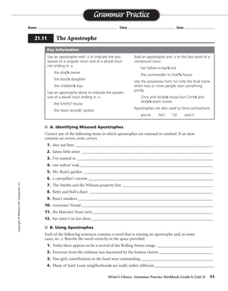 Writer’s Choice: Grammar Practice Workbook, Grade 9, Unit 21 51
Name ...................................................................................... Class .................................................. Date ................................
s A. Identifying Misused Apostrophes
Correct any of the following items in which apostrophes are misused or omitted. If an item
contains no errors, write correct.
1. shes not here ___________________________________________________________________
2. James little sister ________________________________________________________________
3. I’ve wanted to __________________________________________________________________
4. one walrus’ tusk_________________________________________________________________
5. Ms. Ryan’s garden _______________________________________________________________
6. a caterpillar’s cocoon_____________________________________________________________
7. The Smiths and the Wilsons property line ____________________________________________
8. Betty and Bob’s diner ____________________________________________________________
9. Russ’s sneakers__________________________________________________________________
10. everyones’ friend ________________________________________________________________
11. the Morrises’ front yard___________________________________________________________
12. her sister’s-in-law dress ______________________________________________________________
s B. Using Apostrophes
Each of the following sentences contains a word that is missing an apostrophe and, in some
cases, an -s. Rewrite the word correctly in the space provided.
1. Today there appears to be a revival of the Rolling Stones songs. ___________________________
2. Everyone from the embassy was fascinated by the hostess charm. __________________________
3. Two girls contributions to the fund were outstanding.___________________________________
4. Many of Saint Louis neighborhoods are really rather different._____________________________
Grammar Practice
21.11 The Apostrophe
Copyright©McGraw-HillCompanies,Inc.
Use an apostrophe with -s to indicate the pos-
sessive of a singular noun and of a plural noun
not ending in -s.
the dog’s owner
the boss’s daughter
the children’s toys
Use an apostrophe alone to indicate the posses-
sive of a plural noun ending in -s.
the Smiths’ house
the (two) records’ jackets
Add an apostrophe and -s to the last word of a
compound noun.
her father-in-law’s hat
the commander in chief’s house
Use the possessive form for only the final name
when two or more people own something
jointly.
Chris and Andy’s house but Chris’s and
Andy’s exam scores
Apostrophes are also used to form contractions
you’re he’s I’d won’t
Key Information
she’s not here
James’s little sister
correct
one walrus’s tusk
correct
correct
correct
correct
everyone’s friend
correct
her sister-in-law’s dress
Rolling Stones’
hostess’s
girls’ contributions
Saint Louis’s
The Smiths’ and the Wilsons’ property line
 