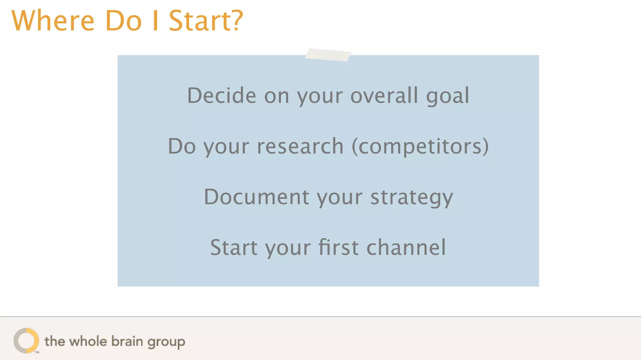 Where Do I Start?

            Decide on your overall goal

           Do your research (competitors)

              Document your strategy

              Start your ﬁrst channel
 