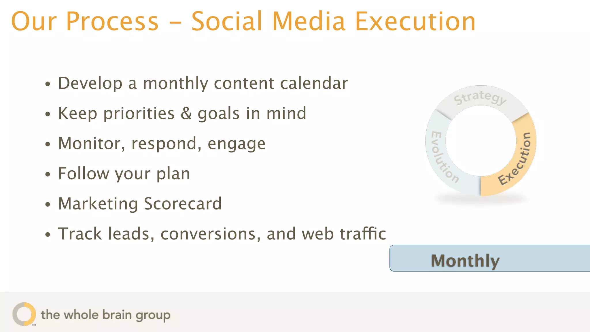 Our Process - Social Media Execution

  •   Develop a monthly content calendar
  •   Keep priorities & goals in mind
  •   Monitor, respond, engage
  •   Follow your plan
  •   Marketing Scorecard
  •   Track leads, conversions, and web traffic
                                                  Monthly
 
