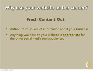 Why use your website as the center?

                           Fresh Content Out

         • Authoritative source of information about your business
         • Anything you post on your website is appropriate for
           the other social media tools/audiences




Sunday, October 10, 2010
 