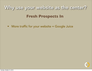 Why use your website as the center?
                           Fresh Prospects In

            • More trafﬁc for your website = Google Juice




Sunday, October 10, 2010
 