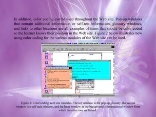 In addition, color coding can be used throughout the Web site. Pop-up windows that contain additional information or self-test information, glossary windows, and links to other locations are all examples of items that should be color coded so the learner knows their position in the Web site. Figure 2 below illustrates how using color coding for the various modules of the Web site can be used. Figure 2: Color coding Web site modules. The top window is the pop-up glossary, the second window is a self-quiz window, and the large window in the background is instructional window from which the other two are linked.  