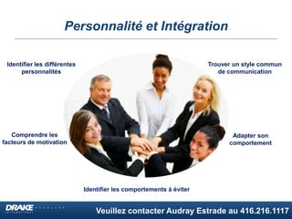 Veuillez contacter Audray Estrade au 416.216.1117
Personnalité et Intégration
Trouver un style commun
de communication
Comprendre les
facteurs de motivation
Adapter son
comportement
Identifier les différentes
personnalités
Identifier les comportements à éviter
 