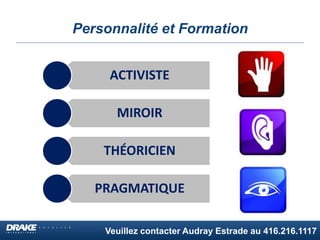 Veuillez contacter Audray Estrade au 416.216.1117
Personnalité et Formation
ACTIVISTE
MIROIR
THÉORICIEN
PRAGMATIQUE
 