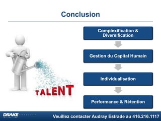 Veuillez contacter Audray Estrade au 416.216.1117
Conclusion
Complexification &
Diversification
Gestion du Capital Humain
Individualisation
Performance & Rétention
 
