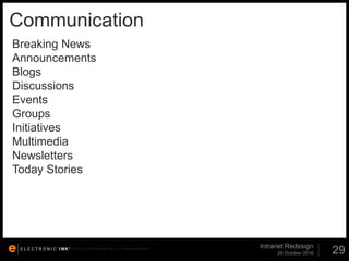 © 2012. ELECTRONIC INK, INC. ALL RIGHTS RESERVED.
Communication
29 October 2016
Intranet Redesign
29
Breaking News
Announcements
Blogs
Discussions
Events
Groups
Initiatives
Multimedia
Newsletters
Today Stories
 