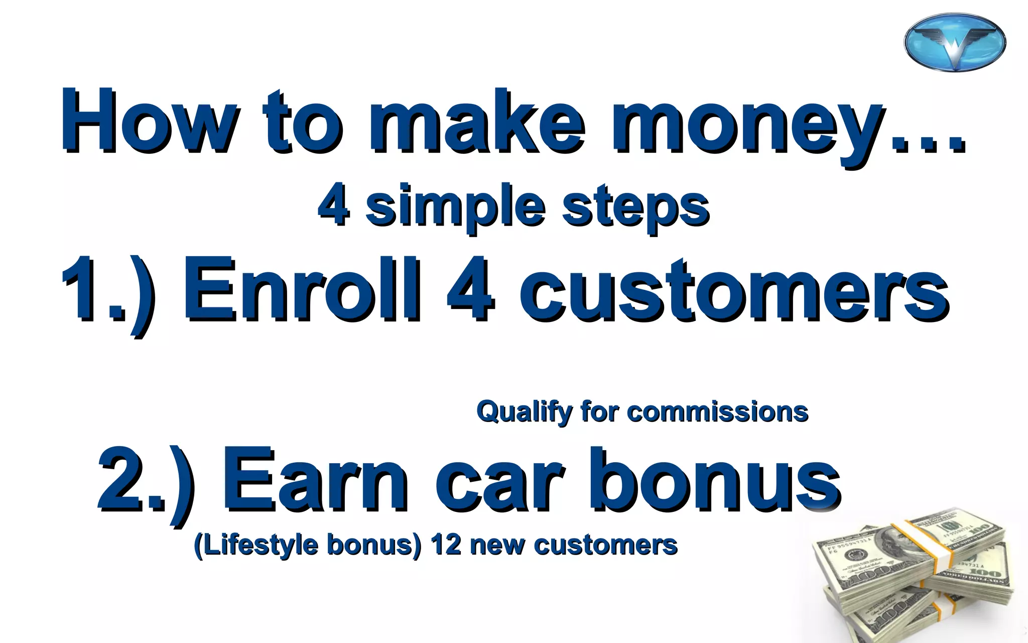 ©2012 WorldVentures Marketing, LLC
How to make money…How to make money…
4 simple steps4 simple steps
1.) Enroll 4 customers1.) Enroll 4 customers
Qualify for commissionsQualify for commissions
2.) Earn car bonus2.) Earn car bonus
(Lifestyle bonus) 12 new customers(Lifestyle bonus) 12 new customers
 