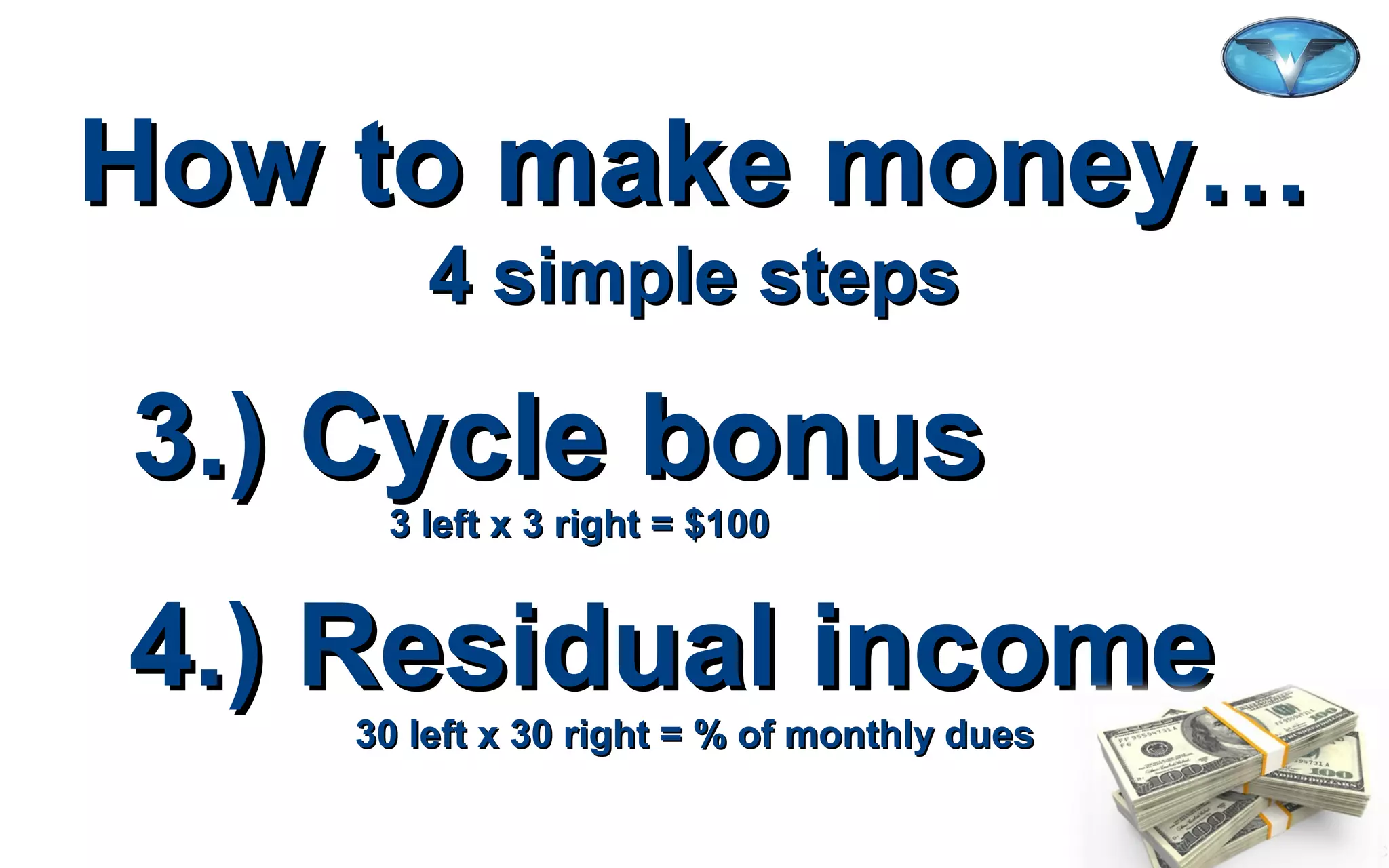 ©2012 WorldVentures Marketing, LLC
How to make money…How to make money…
4 simple steps4 simple steps
3.) Cycle bonus3.) Cycle bonus
3 left x 3 right = $1003 left x 3 right = $100
4.) Residual income4.) Residual income
30 left x 30 right = % of monthly dues30 left x 30 right = % of monthly dues
 
