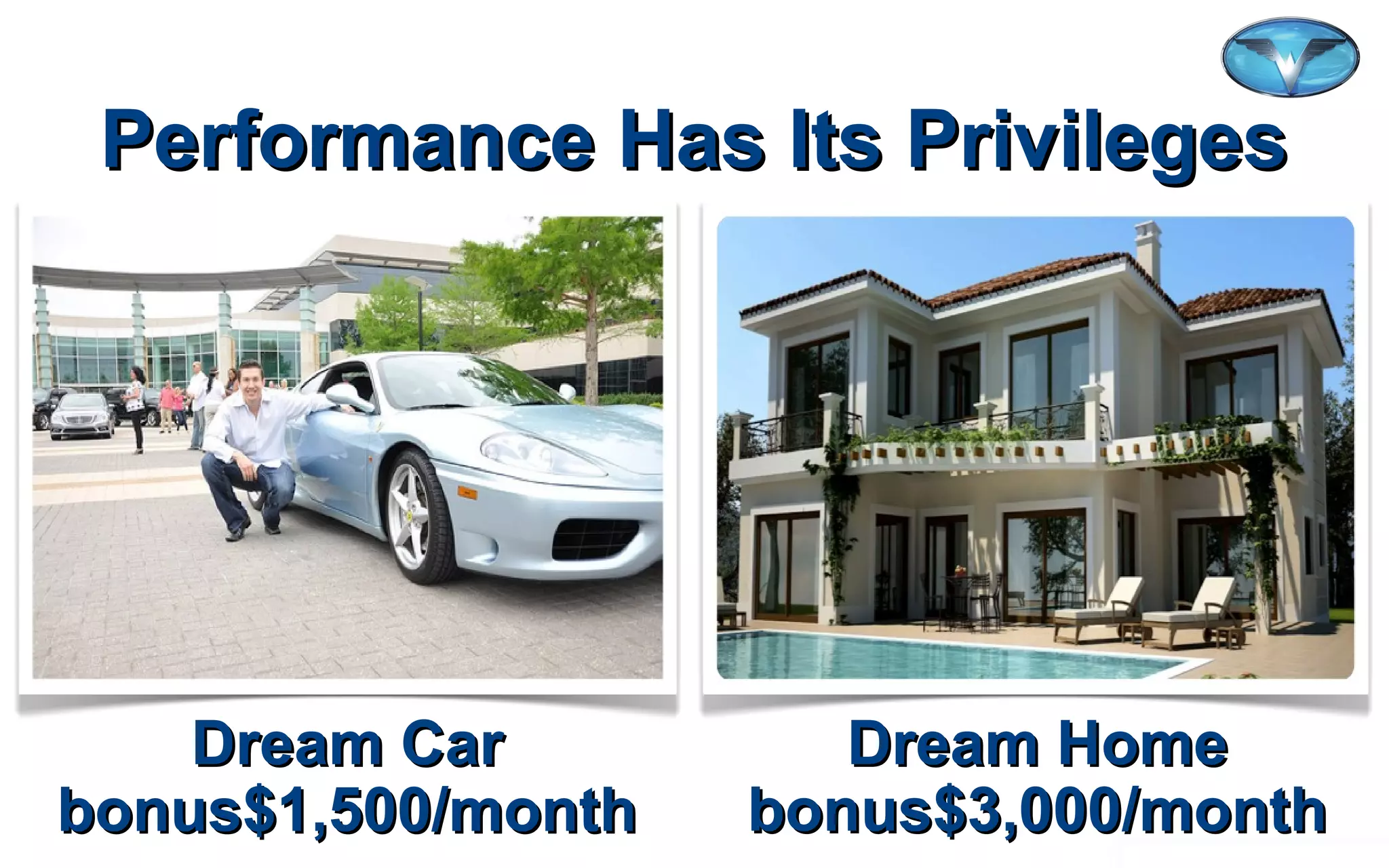 ©2012 WorldVentures Marketing, LLC
Performance Has Its PrivilegesPerformance Has Its Privileges
Dream HomeDream Home
bonus$3,000/monthbonus$3,000/month
Dream CarDream Car
bonus$1,500/monthbonus$1,500/month
 