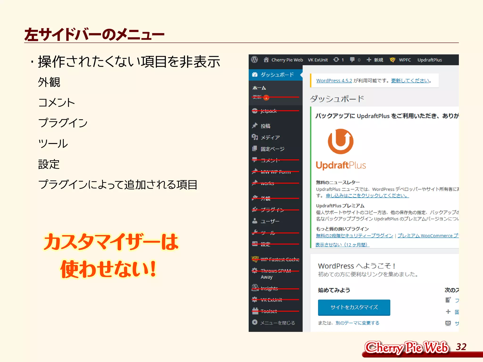 32
左サイドバーのメニュー
・	操作されたくない項目を非表示	
外観	
コメント	
プラグイン	
ツール	
設定	
プラグインによって追加される項目
　カスタマイザーは
　使わせない！
 
