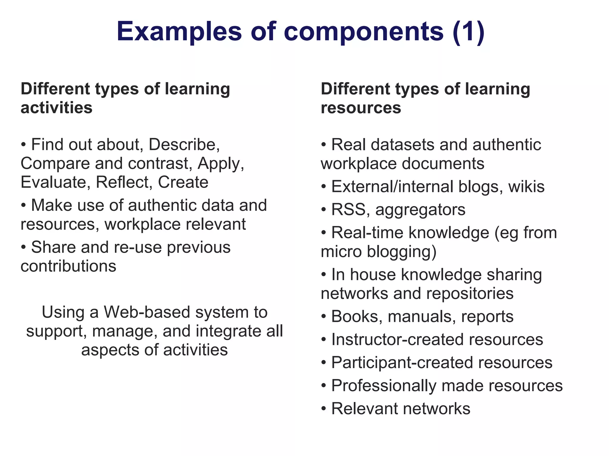 Examples of components (1)  Different types of learning activities Find out about, Describe, Compare and contrast, Apply, Evaluate, Reflect, Create Make use of authentic data and resources, workplace relevant Share and re-use previous contributions Using a Web-based system to support, manage, and integrate all aspects of activities Different types of learning resources Real datasets and authentic workplace documents External/internal blogs, wikis RSS, aggregators Real-time knowledge (eg from micro blogging)  In house knowledge sharing networks and repositories  Books, manuals, reports Instructor-created resources Participant-created resources Professionally made resources Relevant networks 