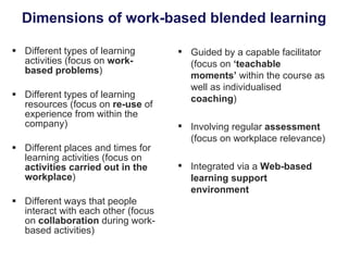 Dimensions of work-based blended learning Different types of learning activities (focus on  work-based problems ) Different types of learning resources (focus on  re-use  of experience from within the company) Different places and times for learning activities (focus on  activities carried out in the workplace ) Different ways that people interact with each other (focus on  collaboration  during work-based activities) Guided by a capable facilitator (focus on  ‘teachable moments’  within the course as well as individualised  coaching ) Involving regular  assessment  (focus on workplace relevance) Integrated via a  Web-based learning support environment 