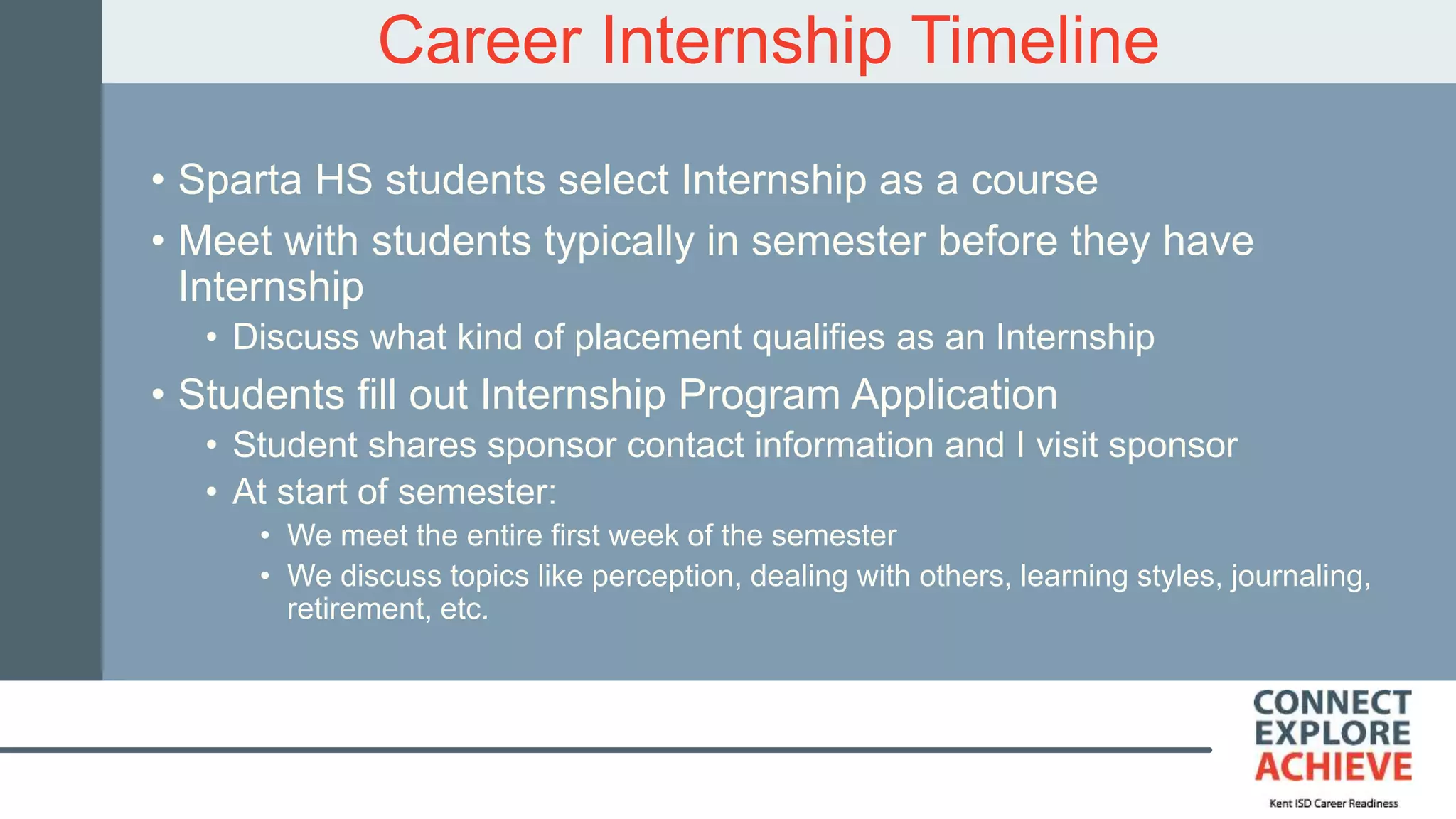 Career Internship Timeline
• Sparta HS students select Internship as a course
• Meet with students typically in semester before they have
Internship
• Discuss what kind of placement qualifies as an Internship
• Students fill out Internship Program Application
• Student shares sponsor contact information and I visit sponsor
• At start of semester:
• We meet the entire first week of the semester
• We discuss topics like perception, dealing with others, learning styles, journaling,
retirement, etc.
 