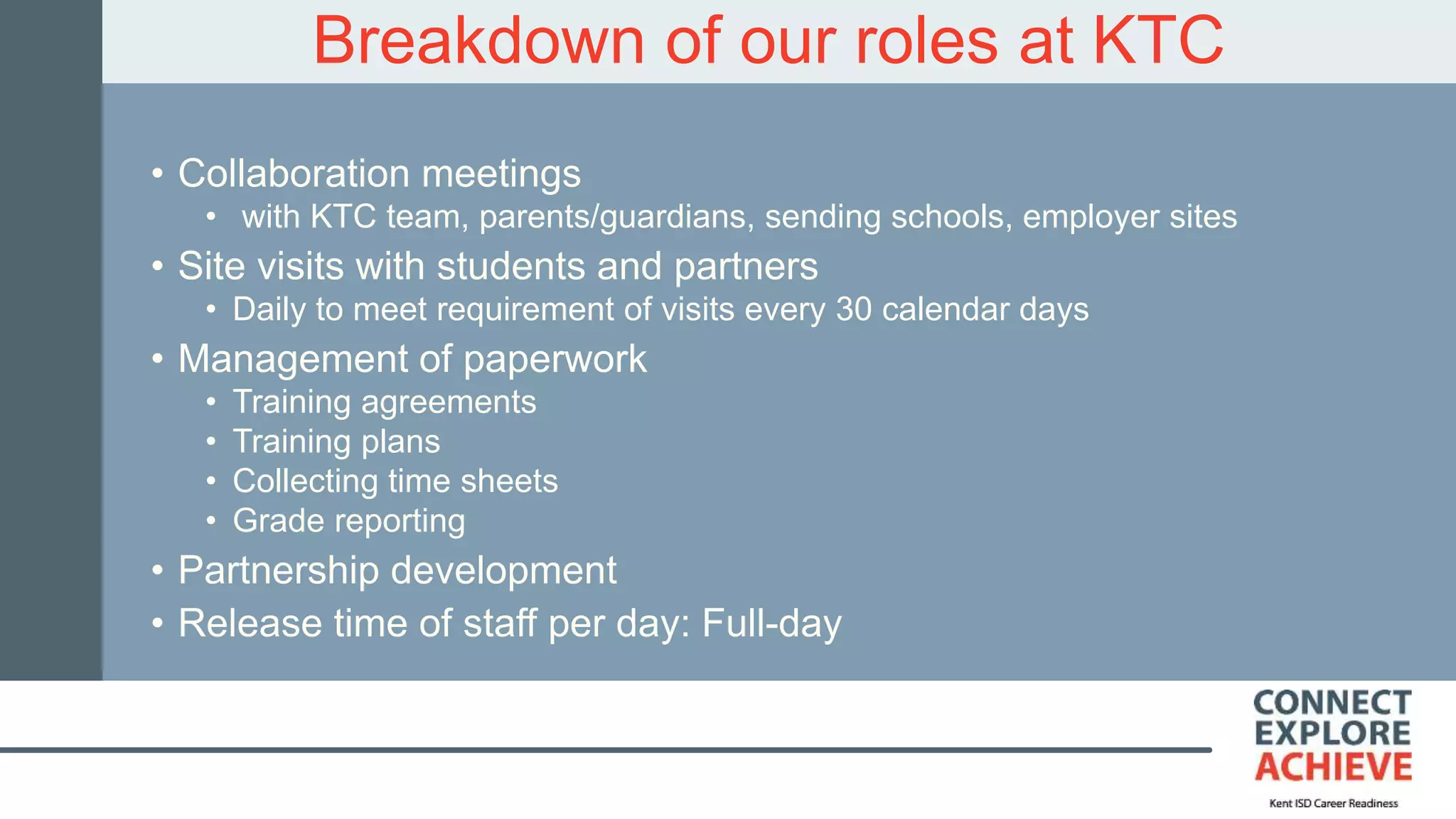 Breakdown of our roles at KTC
• Collaboration meetings
• with KTC team, parents/guardians, sending schools, employer sites
• Site visits with students and partners
• Daily to meet requirement of visits every 30 calendar days
• Management of paperwork
• Training agreements
• Training plans
• Collecting time sheets
• Grade reporting
• Partnership development
• Release time of staff per day: Full-day
 