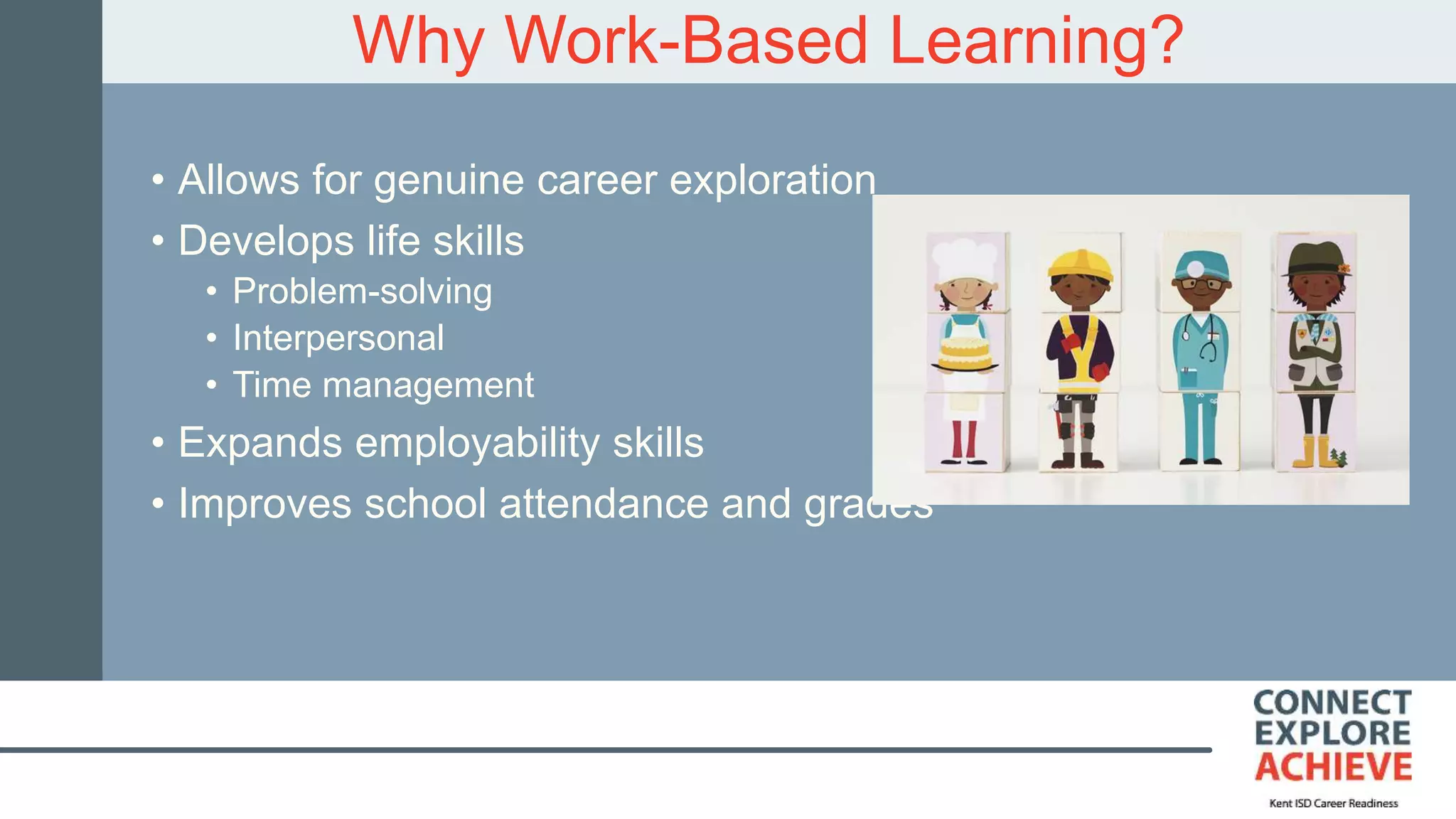 Why Work-Based Learning?
• Allows for genuine career exploration
• Develops life skills
• Problem-solving
• Interpersonal
• Time management
• Expands employability skills
• Improves school attendance and grades
 