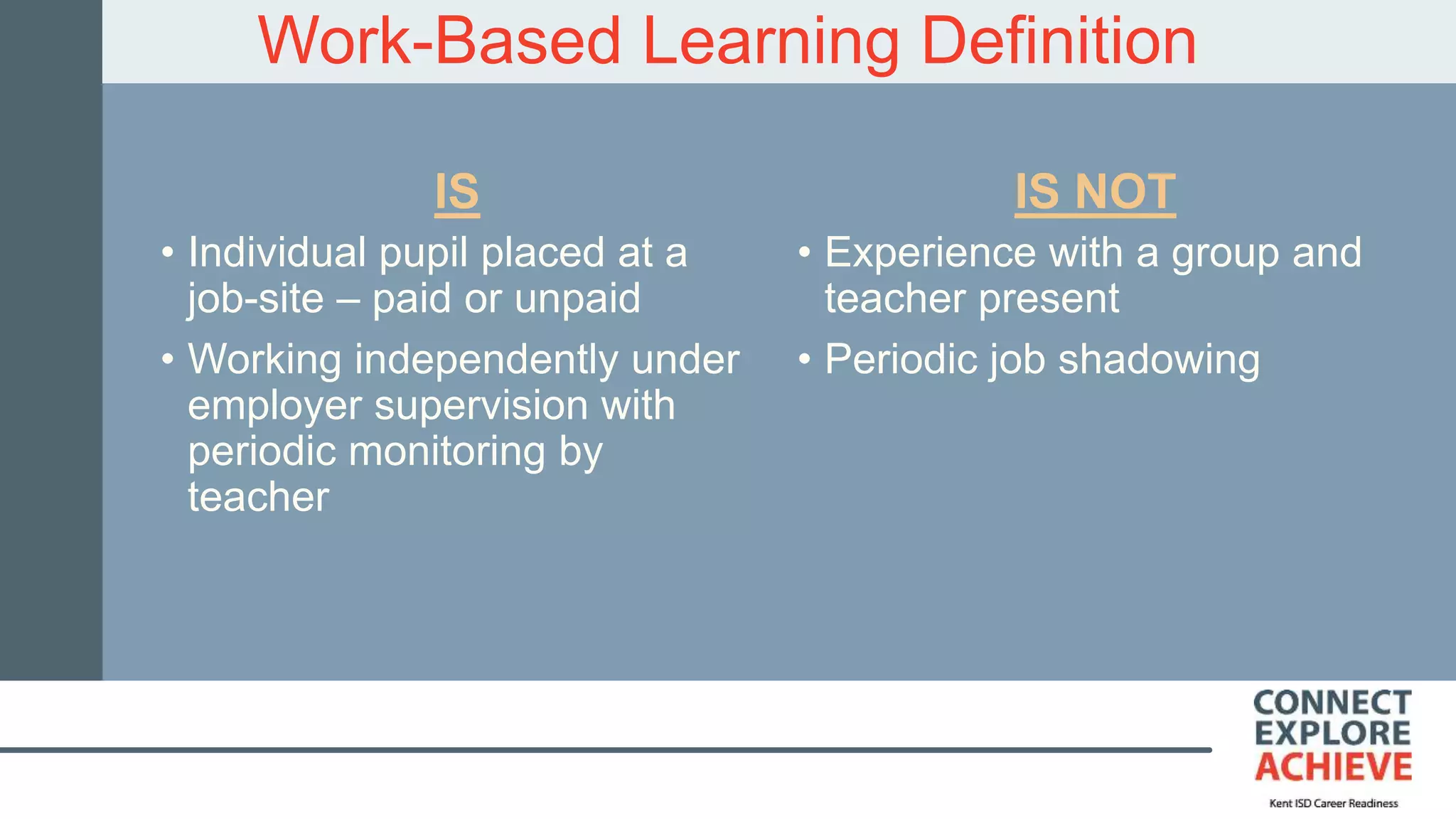 Work-Based Learning Definition
IS
• Individual pupil placed at a
job-site – paid or unpaid
• Working independently under
employer supervision with
periodic monitoring by
teacher
IS NOT
• Experience with a group and
teacher present
• Periodic job shadowing
 
