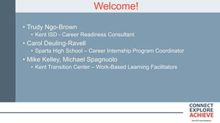 Welcome!
• Trudy Ngo-Brown
• Kent ISD - Career Readiness Consultant
• Carol Deuling-Ravell
• Sparta High School – Career Internship Program Coordinator
• Mike Kelley, Michael Spagnuolo
• Kent Transition Center – Work-Based Learning Facilitators
 