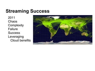 Streaming Success
2011
Chaos
Complexity
Failure
Success
Leveraging
Cloud benefits
 