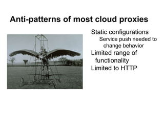 Anti-patterns of most cloud proxies
Static configurations
Service push needed to
change behavior
Limited range of
functionality
Limited to HTTP
 