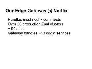 Our Edge Gateway @ Netflix
Handles most netflix.com hosts
Over 20 production Zuul clusters
~ 50 elbs
Gateway handles ~10 origin services
 
