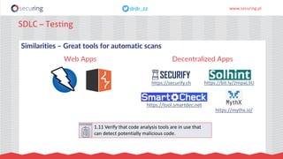 www.securing.pldrdr_zzdrdr_zz
Similarities – Great tools for automatic scans
SDLC – Testing
Web Apps Decentralized Apps
1....
