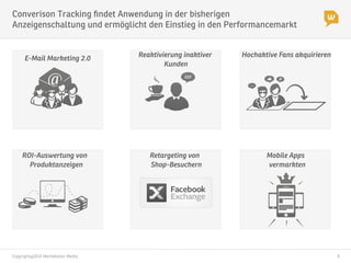 Copyright@2014 Werbeboten Media
 6
Converison Tracking ﬁndet Anwendung in der bisherigen
Anzeigenschaltung und ermöglicht den Einstieg in den Performancemarkt
ROI-Auswertung von
Produktanzeigen
Retargeting von
Shop-Besuchern
Mobile Apps
vermarkten
E-Mail Marketing 2.0
Reaktivierung inaktiver
Kunden
Hochaktive Fans akquirieren
 