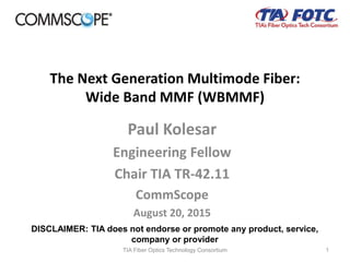 The Next Generation Multimode Fiber:
Wide Band MMF (WBMMF)
Paul Kolesar
Engineering Fellow
Chair TIA TR-42.11
CommScope
August 20, 2015
TIA Fiber Optics Technology Consortium 1
DISCLAIMER: TIA does not endorse or promote any product, service,
company or provider
 