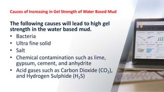 Causes of Increasing in Gel Strength of Water Based Mud
26
The following causes will lead to high gel
strength in the water based mud.
• Bacteria
• Ultra fine solid
• Salt
• Chemical contamination such as lime,
gypsum, cement, and anhydrite
• Acid gases such as Carbon Dioxide (CO2),
and Hydrogen Sulphide (H2S)
 