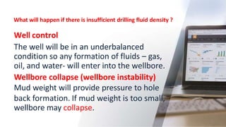 What will happen if there is insufficient drilling fluid density ?
8
Well control
The well will be in an underbalanced
condition so any formation of fluids – gas,
oil, and water- will enter into the wellbore.
Wellbore collapse (wellbore instability)
Mud weight will provide pressure to hole
back formation. If mud weight is too small,
wellbore may collapse.
 